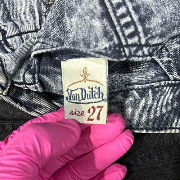 VON DUTCH Vintage SUPER RARE Reversible Denim Patchwork Skinny Jeans Size 27 (US - Picture 7 of 14